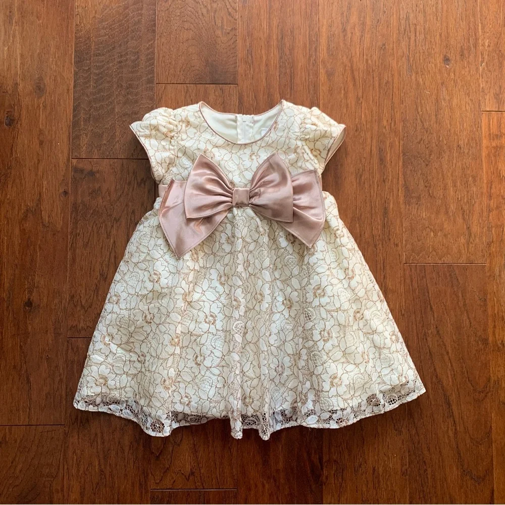 Rare Edition Girls Ivory Lace Party Dress Bow Flower Girl | Size 2T